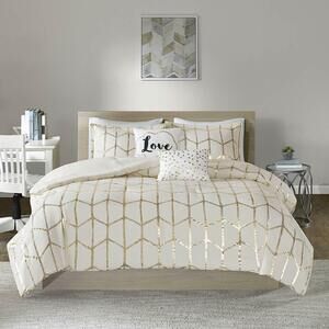Intelligent Design Love Raina Geo 5-Pc Comforter Set Ivory Gold Full Queen NEW
